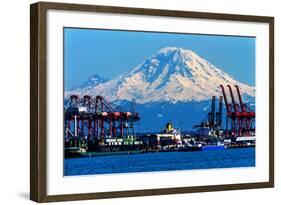 Seattle Port with Red Cranes and Ships Barges Pier and Dock Mt Rainier in the Background-William Perry-Framed Photographic Print