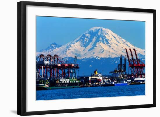 Seattle Port with Red Cranes and Ships Barges Pier and Dock Mt Rainier in the Background-William Perry-Framed Photographic Print
