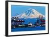 Seattle Port with Red Cranes and Ships Barges Pier and Dock Mt Rainier in the Background-William Perry-Framed Photographic Print