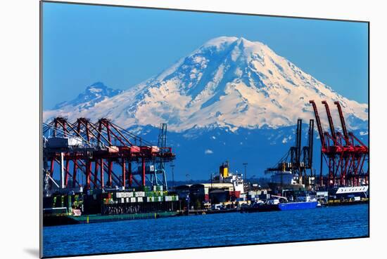 Seattle Port with Red Cranes and Ships Barges Pier and Dock Mt Rainier in the Background-William Perry-Mounted Photographic Print