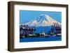 Seattle Port with Red Cranes and Ships Barges Pier and Dock Mt Rainier in the Background-William Perry-Framed Photographic Print