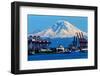 Seattle Port with Red Cranes and Ships Barges Pier and Dock Mt Rainier in the Background-William Perry-Framed Photographic Print