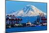 Seattle Port with Red Cranes and Ships Barges Pier and Dock Mt Rainier in the Background-William Perry-Mounted Photographic Print