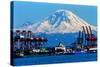 Seattle Port with Red Cranes and Ships Barges Pier and Dock Mt Rainier in the Background-William Perry-Stretched Canvas