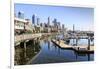 Seattle Skyline and restaurants on sunny day in Bell Harbor Marina, Seattle, Washington State, Unit-Frank Fell-Framed Photographic Print