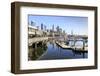 Seattle Skyline and restaurants on sunny day in Bell Harbor Marina, Seattle, Washington State, Unit-Frank Fell-Framed Photographic Print