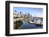 Seattle Skyline and restaurants on sunny day in Bell Harbor Marina, Seattle, Washington State, Unit-Frank Fell-Framed Photographic Print