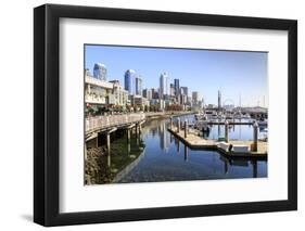 Seattle Skyline and restaurants on sunny day in Bell Harbor Marina, Seattle, Washington State, Unit-Frank Fell-Framed Photographic Print