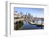 Seattle Skyline and restaurants on sunny day in Bell Harbor Marina, Seattle, Washington State, Unit-Frank Fell-Framed Photographic Print