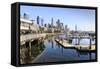 Seattle Skyline and restaurants on sunny day in Bell Harbor Marina, Seattle, Washington State, Unit-Frank Fell-Framed Stretched Canvas