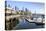 Seattle Skyline and restaurants on sunny day in Bell Harbor Marina, Seattle, Washington State, Unit-Frank Fell-Stretched Canvas