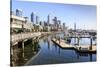 Seattle Skyline and restaurants on sunny day in Bell Harbor Marina, Seattle, Washington State, Unit-Frank Fell-Stretched Canvas