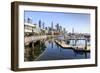 Seattle Skyline and restaurants on sunny day in Bell Harbor Marina, Seattle, Washington State, Unit-Frank Fell-Framed Photographic Print