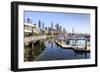 Seattle Skyline and restaurants on sunny day in Bell Harbor Marina, Seattle, Washington State, Unit-Frank Fell-Framed Photographic Print