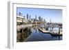 Seattle Skyline and restaurants on sunny day in Bell Harbor Marina, Seattle, Washington State, Unit-Frank Fell-Framed Photographic Print