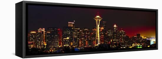 Seattle Skyline Panorama at Night-George Oze-Framed Stretched Canvas
