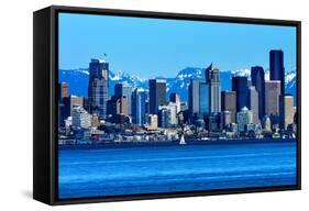 Seattle Skyline Sailboat Puget Sound Cascade Mountains, Washington State-William Perry-Framed Stretched Canvas