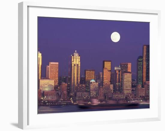 Seattle Skyline with Full Moon, Washington, USA-null-Framed Photographic Print