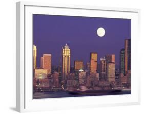 Seattle Skyline with Full Moon, Washington, USA-null-Framed Photographic Print