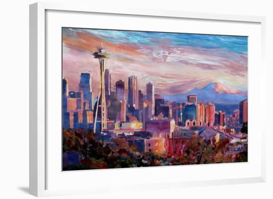 Seattle Skyline with Space Needle and Mt Rainier-Martina Bleichner-Framed Art Print