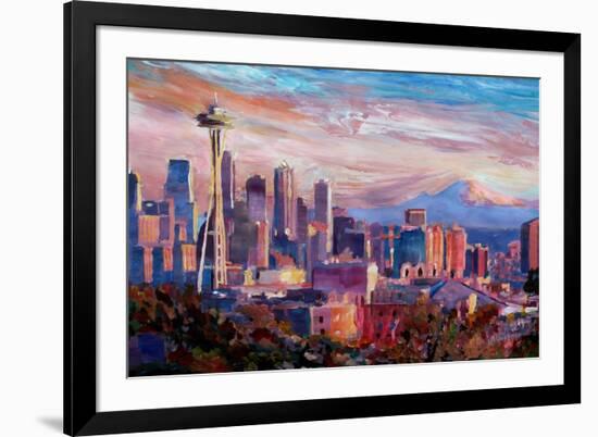 Seattle Skyline with Space Needle and Mt Rainier-Martina Bleichner-Framed Art Print