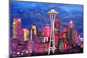 Seattle Skyline with Space Needle at Night-Martina Bleichner-Mounted Art Print