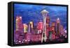 Seattle Skyline with Space Needle at Night-Martina Bleichner-Framed Stretched Canvas