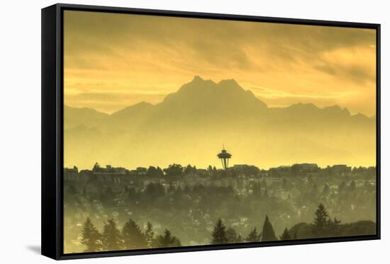 Seattle Space Needle and Olympic Mountains beyond, seen from downtown Bellevue, WA, USA-Stuart Westmorland-Framed Stretched Canvas