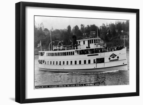 Seattle, WA - SS Sightseer Ship Entering Puget Sound from Ballard Locks-Lantern Press-Framed Art Print