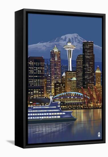 Seattle, Washington at Night - Image Only-Lantern Press-Framed Stretched Canvas