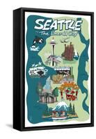 Seattle, Washington - Cartoon Icons-Lantern Press-Framed Stretched Canvas