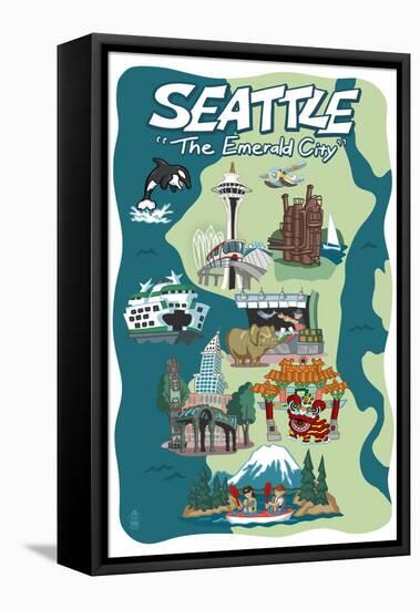 Seattle, Washington - Cartoon Icons-Lantern Press-Framed Stretched Canvas