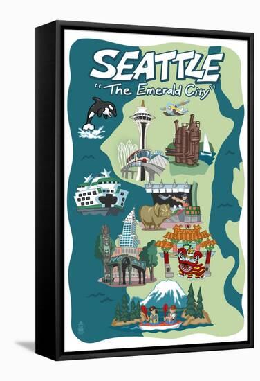 Seattle, Washington - Cartoon Icons-Lantern Press-Framed Stretched Canvas