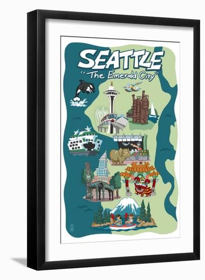 Seattle, Washington - Cartoon Icons-Lantern Press-Framed Art Print