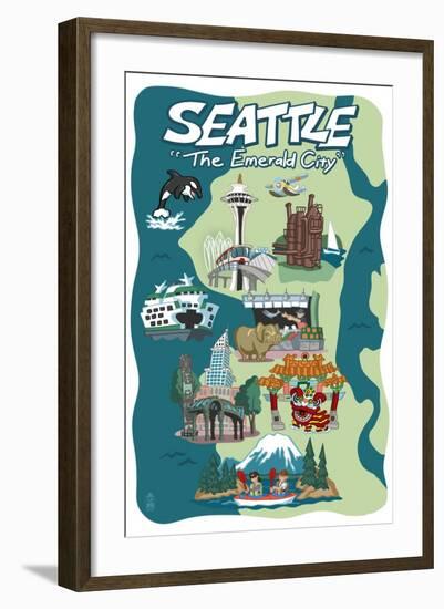 Seattle, Washington - Cartoon Icons-Lantern Press-Framed Art Print