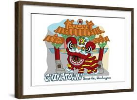 Seattle, Washington - Chinatown - Cartoon Icon-Lantern Press-Framed Art Print