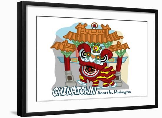 Seattle, Washington - Chinatown - Cartoon Icon-Lantern Press-Framed Art Print