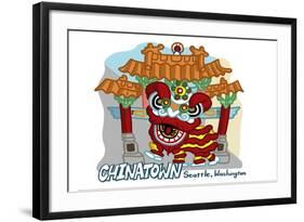 Seattle, Washington - Chinatown - Cartoon Icon-Lantern Press-Framed Art Print