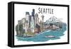 Seattle, Washington - Cityscape - Line Drawing-Lantern Press-Framed Stretched Canvas