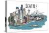 Seattle, Washington - Cityscape - Line Drawing-Lantern Press-Stretched Canvas