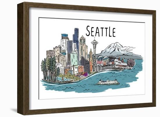 Seattle, Washington - Cityscape - Line Drawing-Lantern Press-Framed Art Print