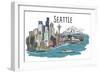 Seattle, Washington - Cityscape - Line Drawing-Lantern Press-Framed Art Print