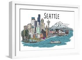 Seattle, Washington - Cityscape - Line Drawing-Lantern Press-Framed Art Print