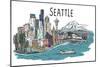 Seattle, Washington - Cityscape - Line Drawing-Lantern Press-Mounted Art Print