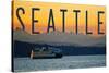 Seattle, Washington - Ferry and Orange Sunset-Lantern Press-Stretched Canvas