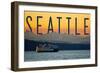 Seattle, Washington - Ferry and Orange Sunset-Lantern Press-Framed Art Print