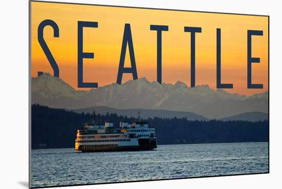 Seattle, Washington - Ferry and Orange Sunset-Lantern Press-Mounted Art Print