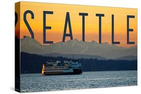 Seattle, Washington - Ferry and Orange Sunset-Lantern Press-Stretched Canvas