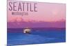 Seattle, Washington - Ferry and Purple Sunset-Lantern Press-Mounted Premium Giclee Print