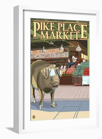 Seattle, Washington - Fish Toss and Bronze Pig at Pike Place-Lantern Press-Framed Art Print